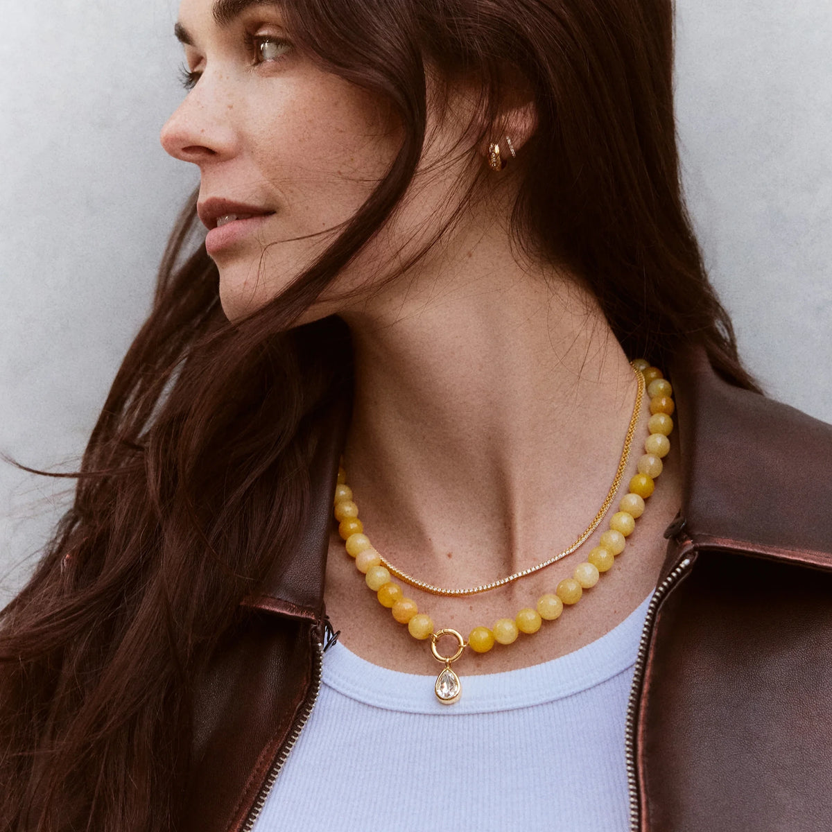 Yellow Beaded Charm Ring Necklace