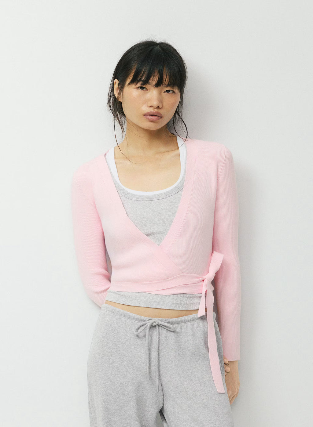 Wrap-Style Waist-Length Knit Top - Pink