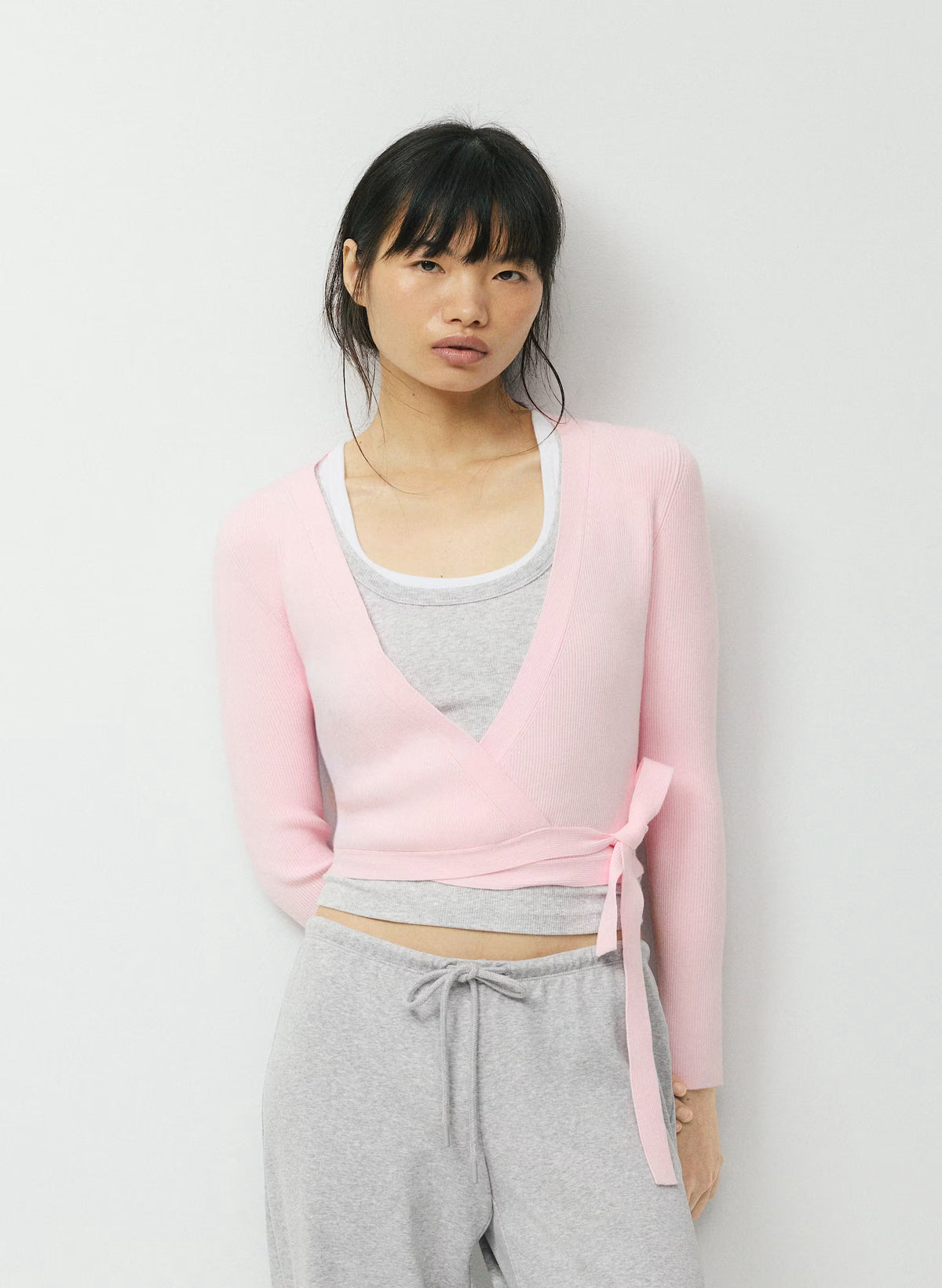Wrap-Style Waist-Length Knit Top - Pink