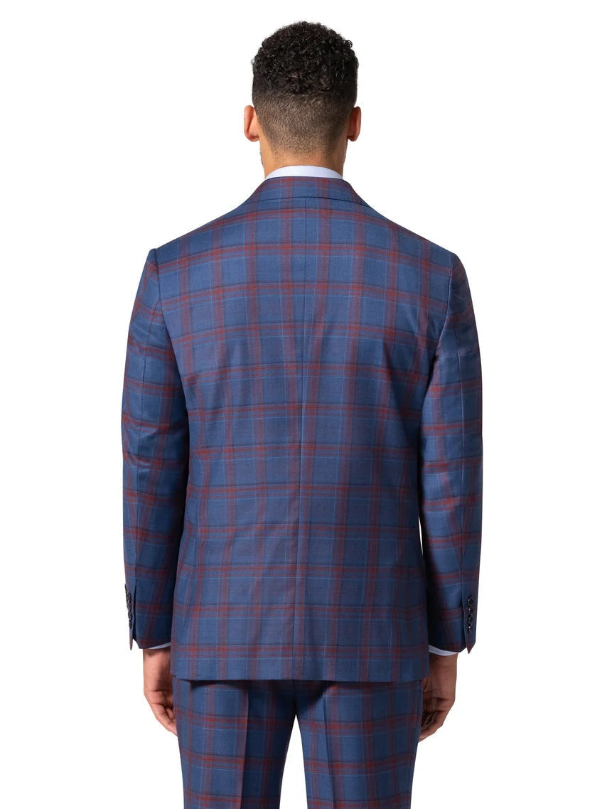 Men's Blue Plaid Classic Fit Wool 3-Piece Suit & Peak Lapels