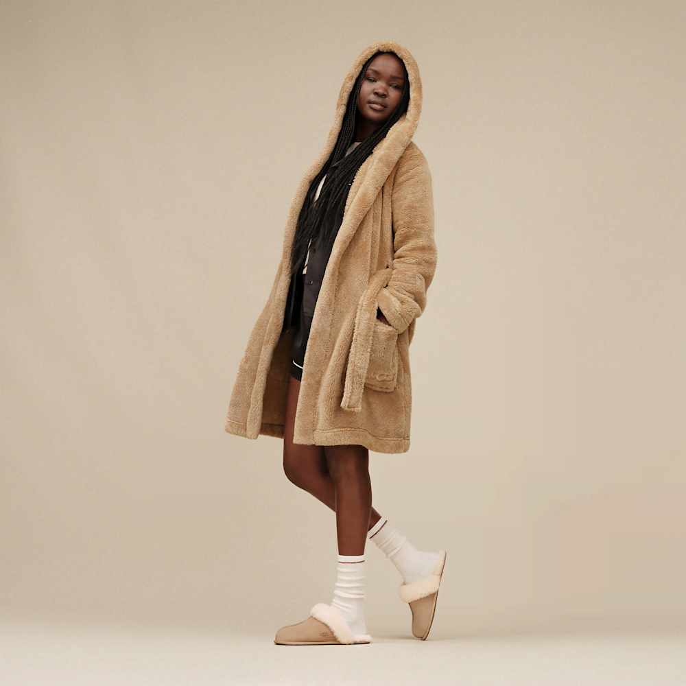 Women's Hooded Plush Fleece Robe - Cream