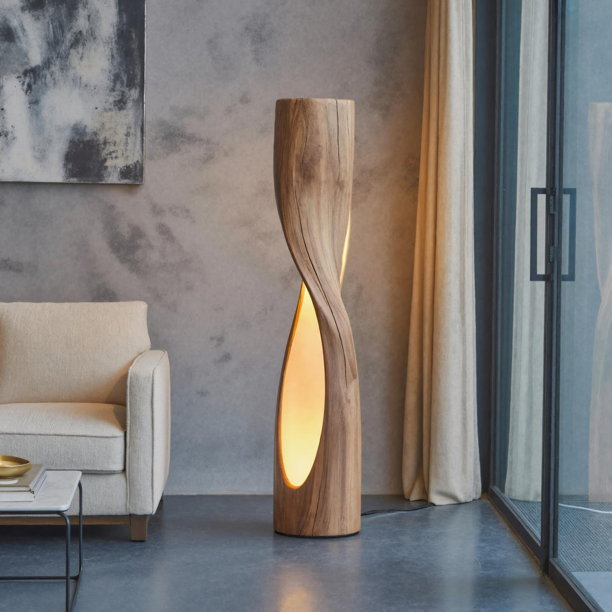 Twisted Solid Wood Floor Lamp with Carved Light Openings