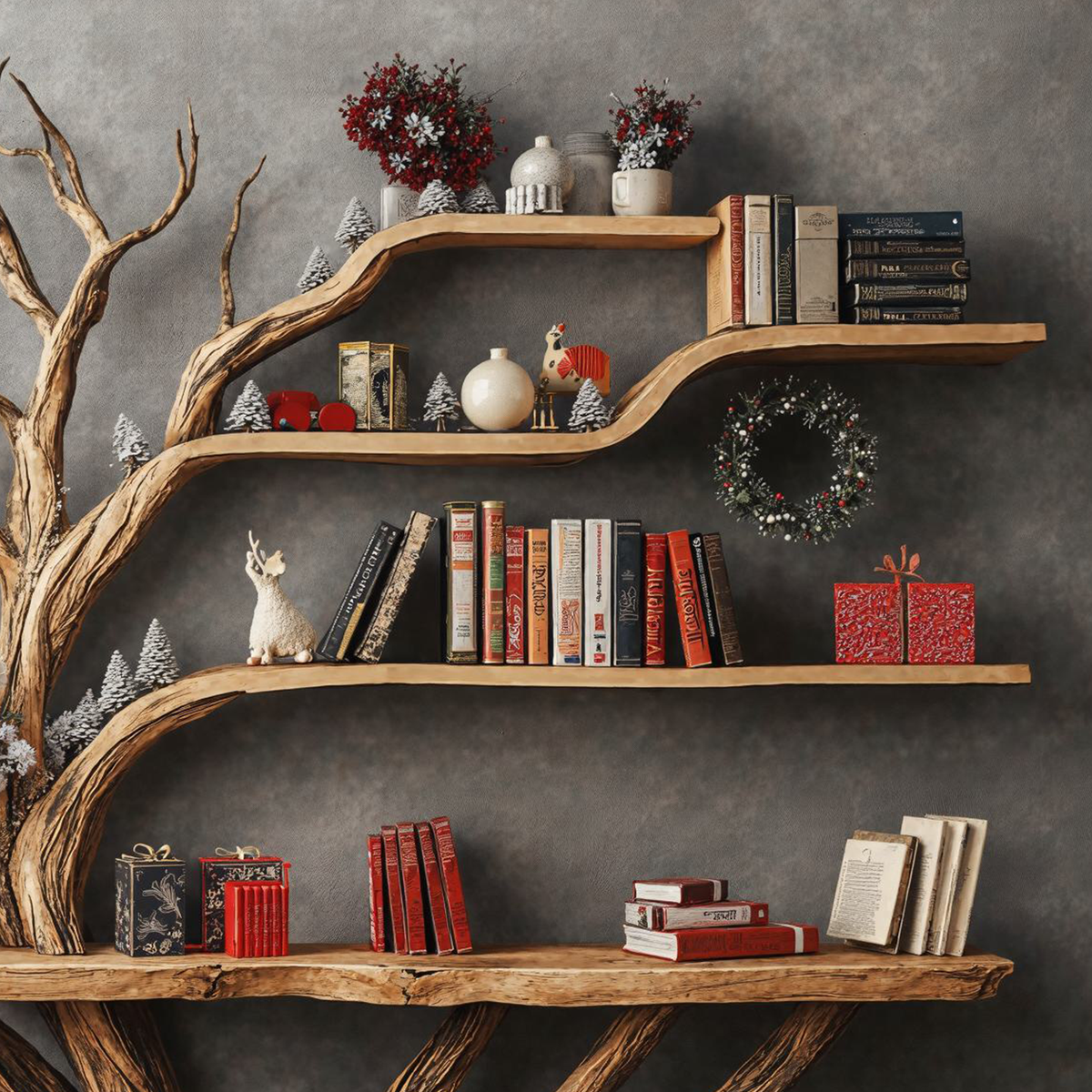 Narrow Floating Live Edge Console Table with Tree Branch Bookshelf - view 3