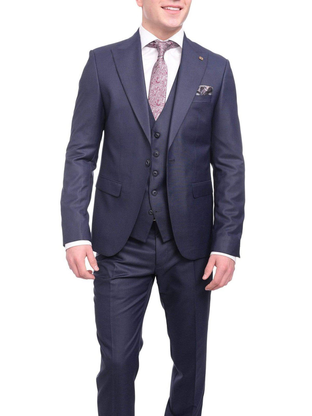 Men's Slim Fit Blue Textured Check 2-Button 3-Piece Suit Peak Lapels