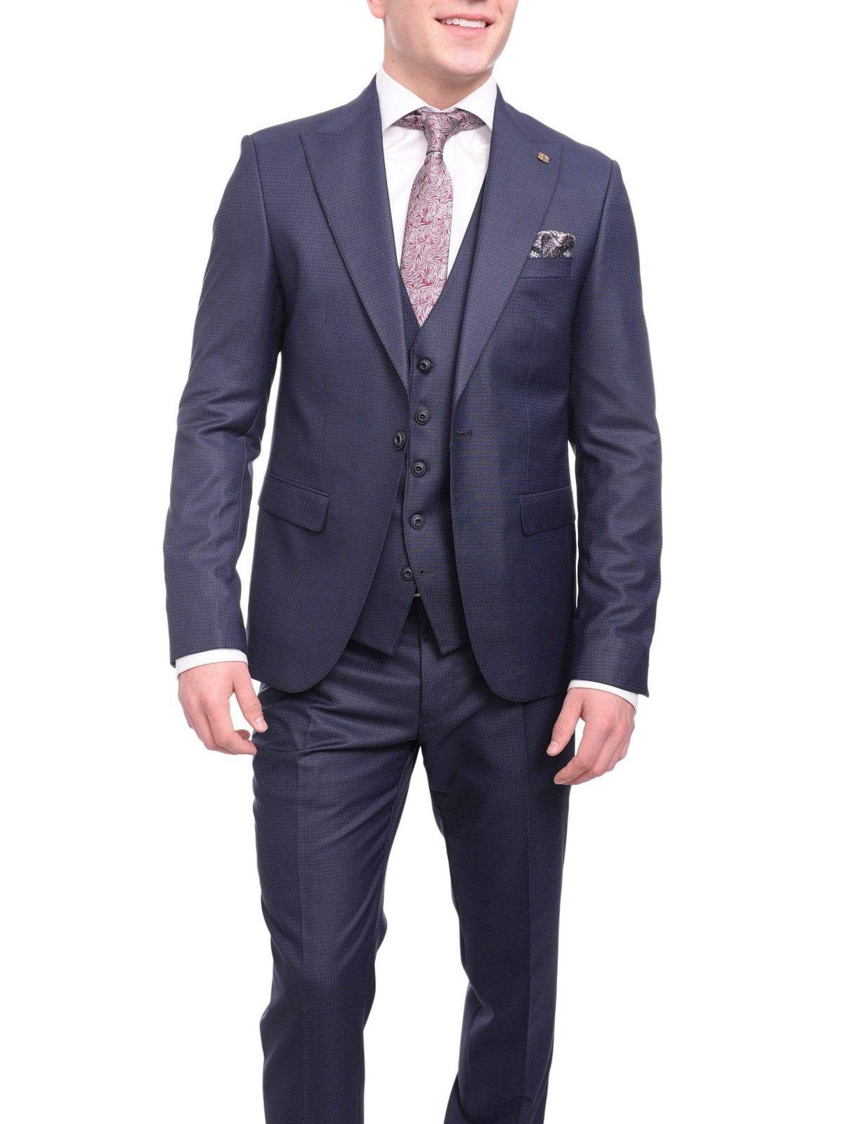 Men's Slim Fit Blue Textured Check 2-Button 3-Piece Suit Peak Lapels