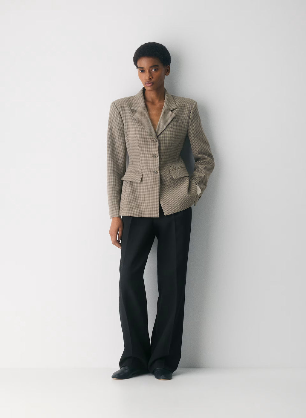 Single-Breasted Stretch Blazer - Brown Check