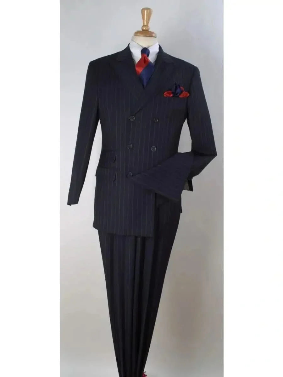 Men's Navy Blue Pinstriped Double Breasted 3-Piece Pleated Wool Suit