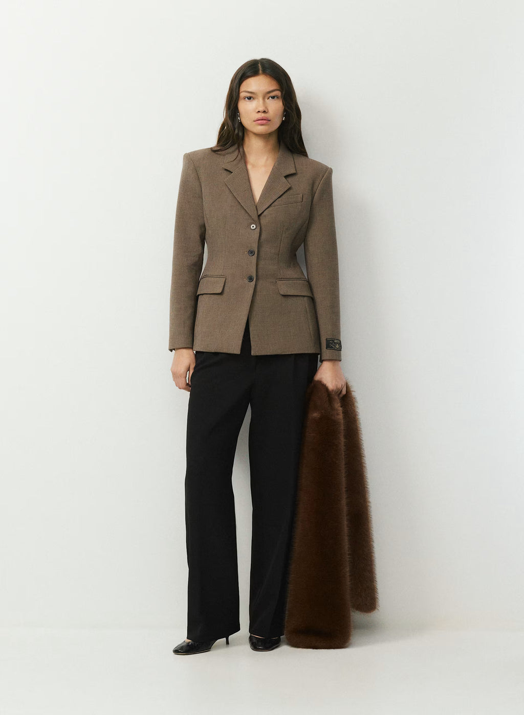 Single-Breasted Stretch Blazer - Brown Check