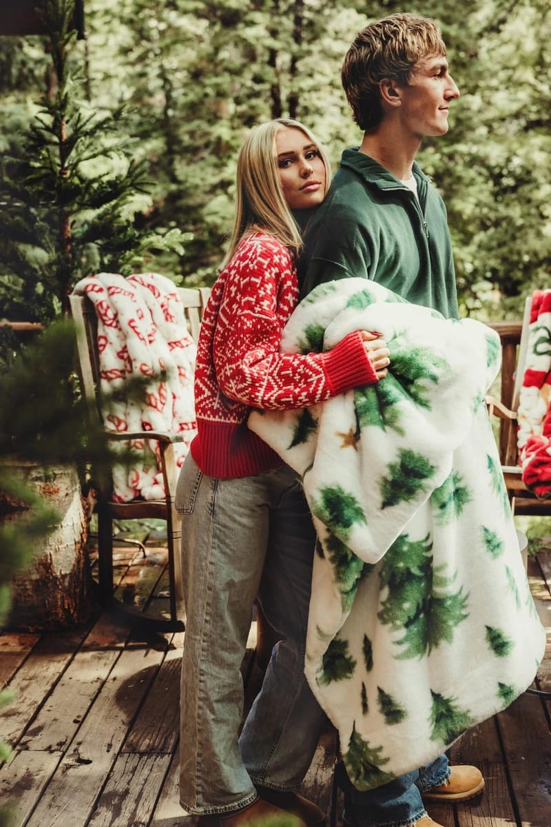 Plush Blanket - Cream Pine Tree Print