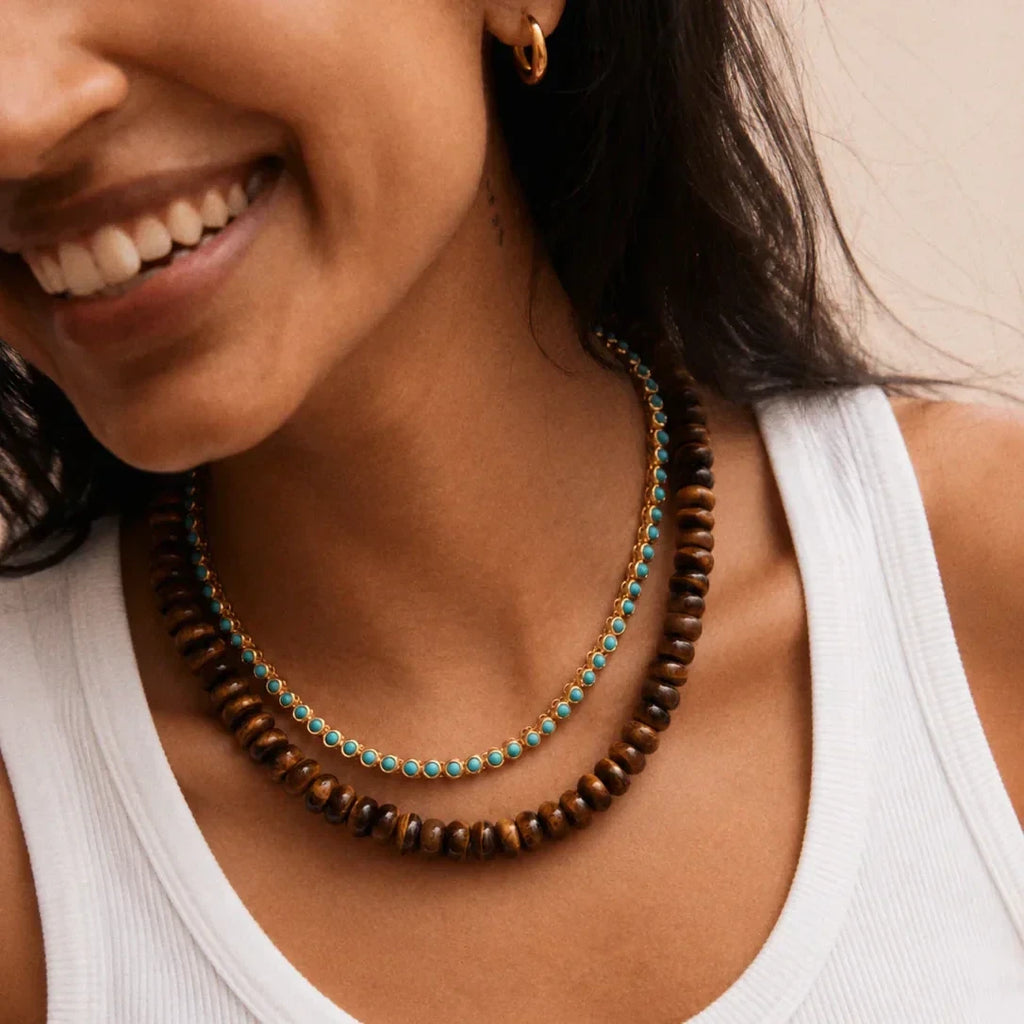 Turquoise Stone Tennis Necklace - Gold