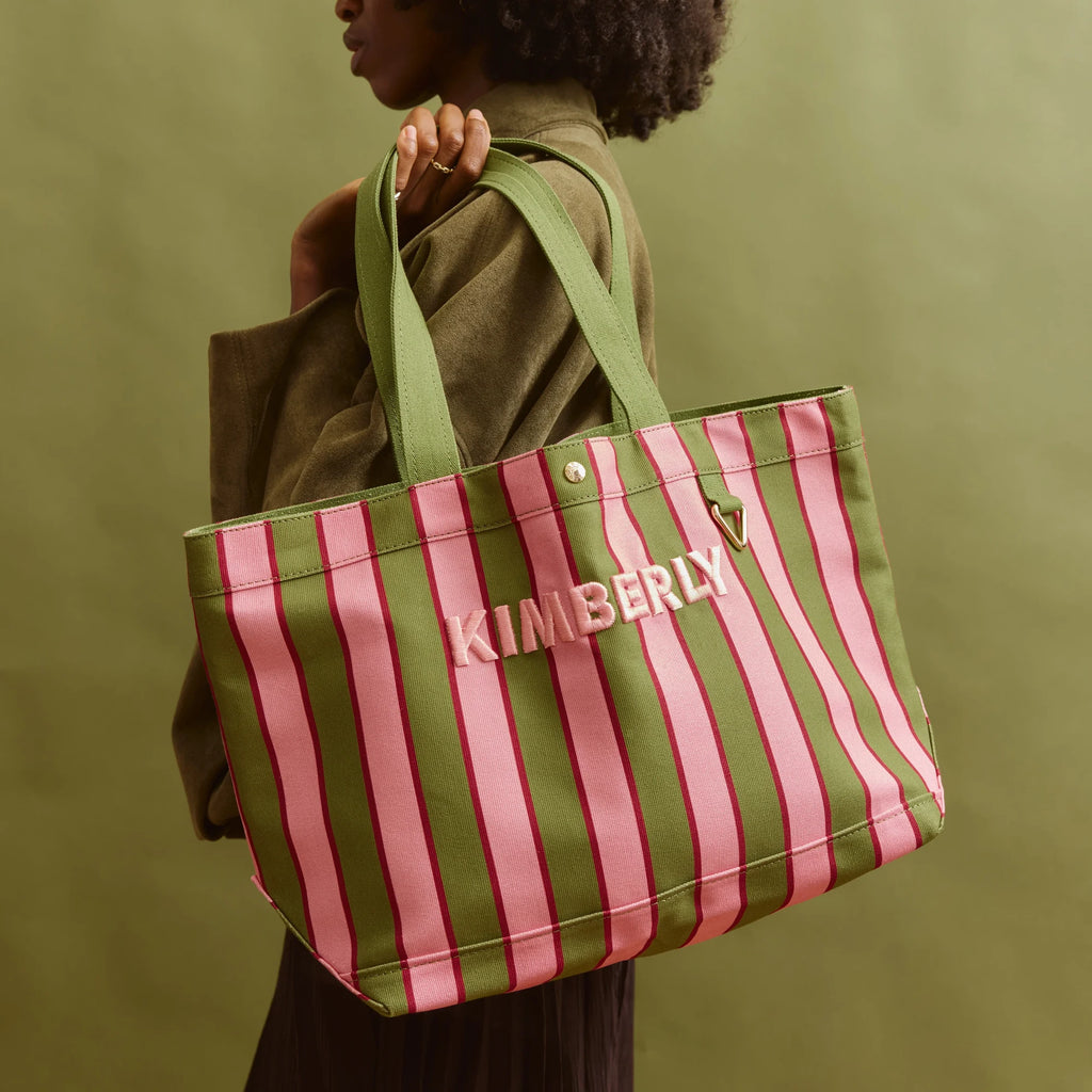 Personalized Striped Canvas Tote - Hibiscus