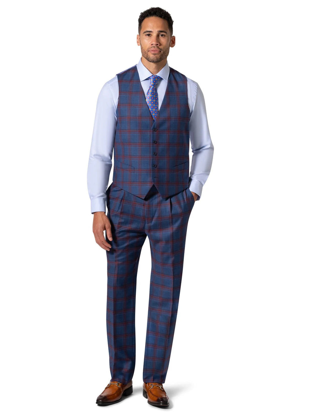 Men's Blue Plaid Classic Fit Wool 3-Piece Suit & Peak Lapels