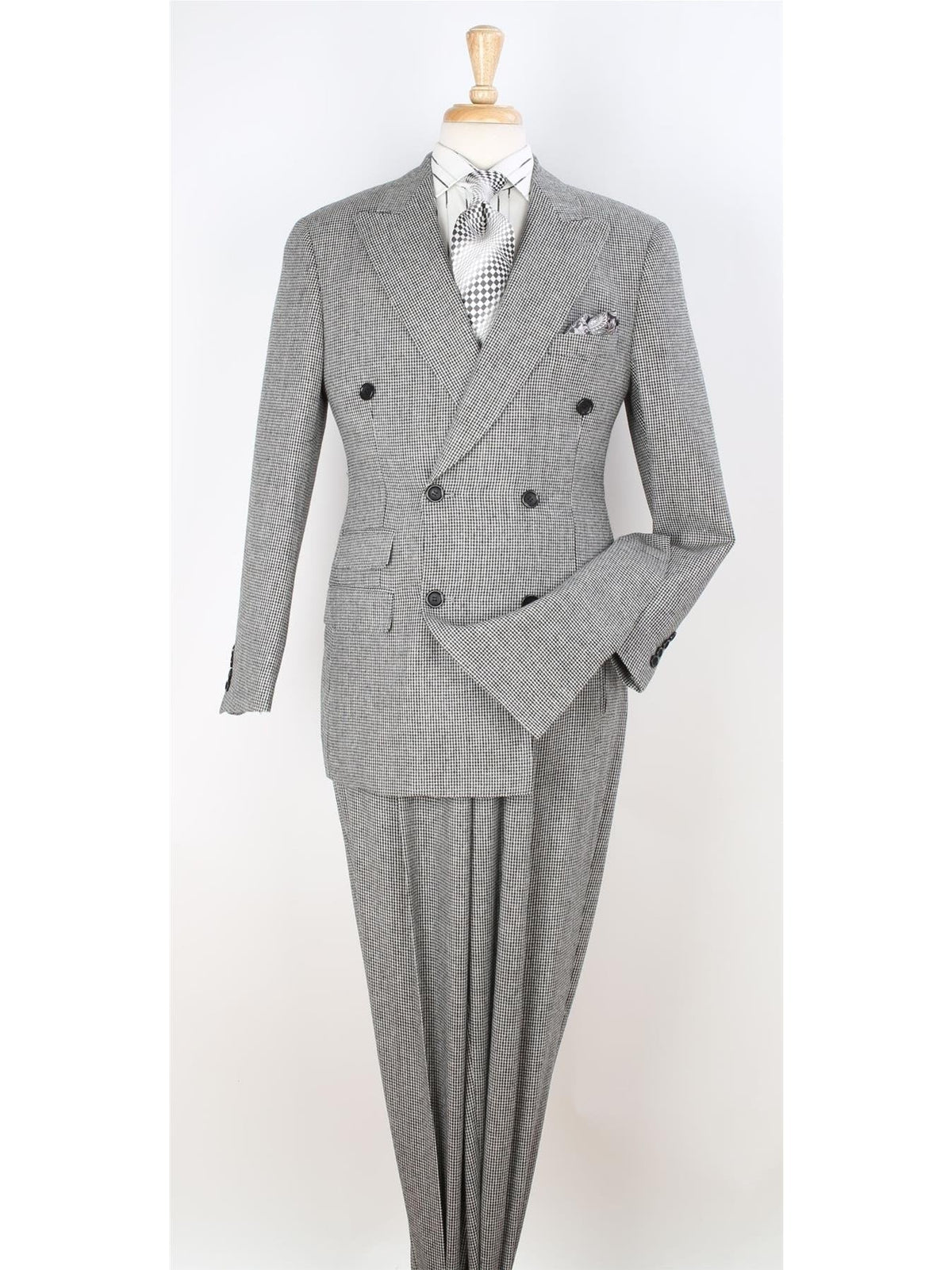 Men's Classic Fit Black Check Double Breasted Wool 3-Piece Suit