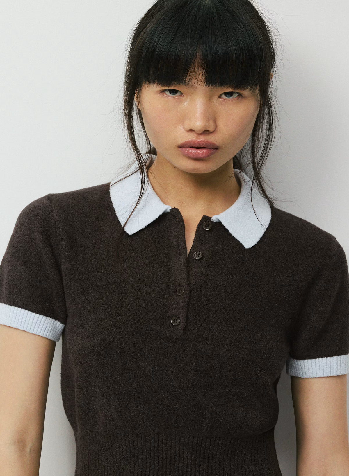 Wool Blend Button Polo Sweater - Brown