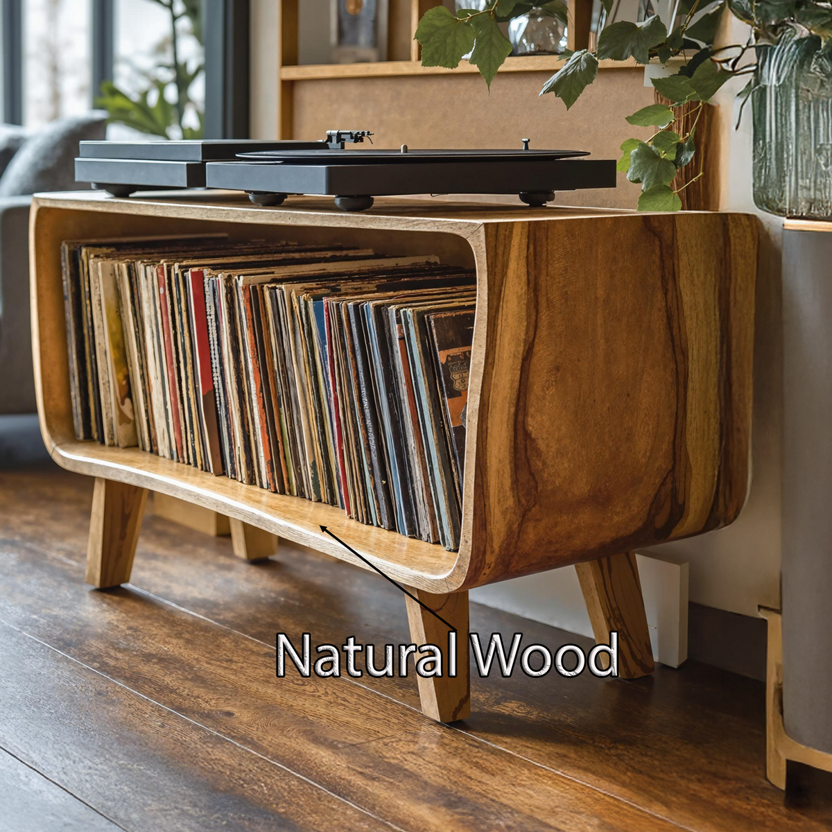 Solid Wood Record Player Stand with Open Vinyl Storage - view 6
