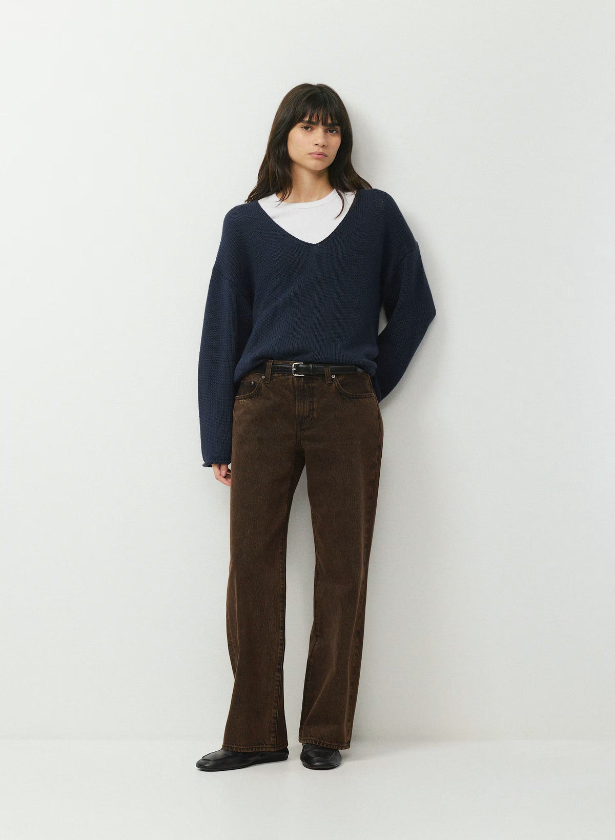 Cotton Cashmere Hip-Length Sweater - Navy