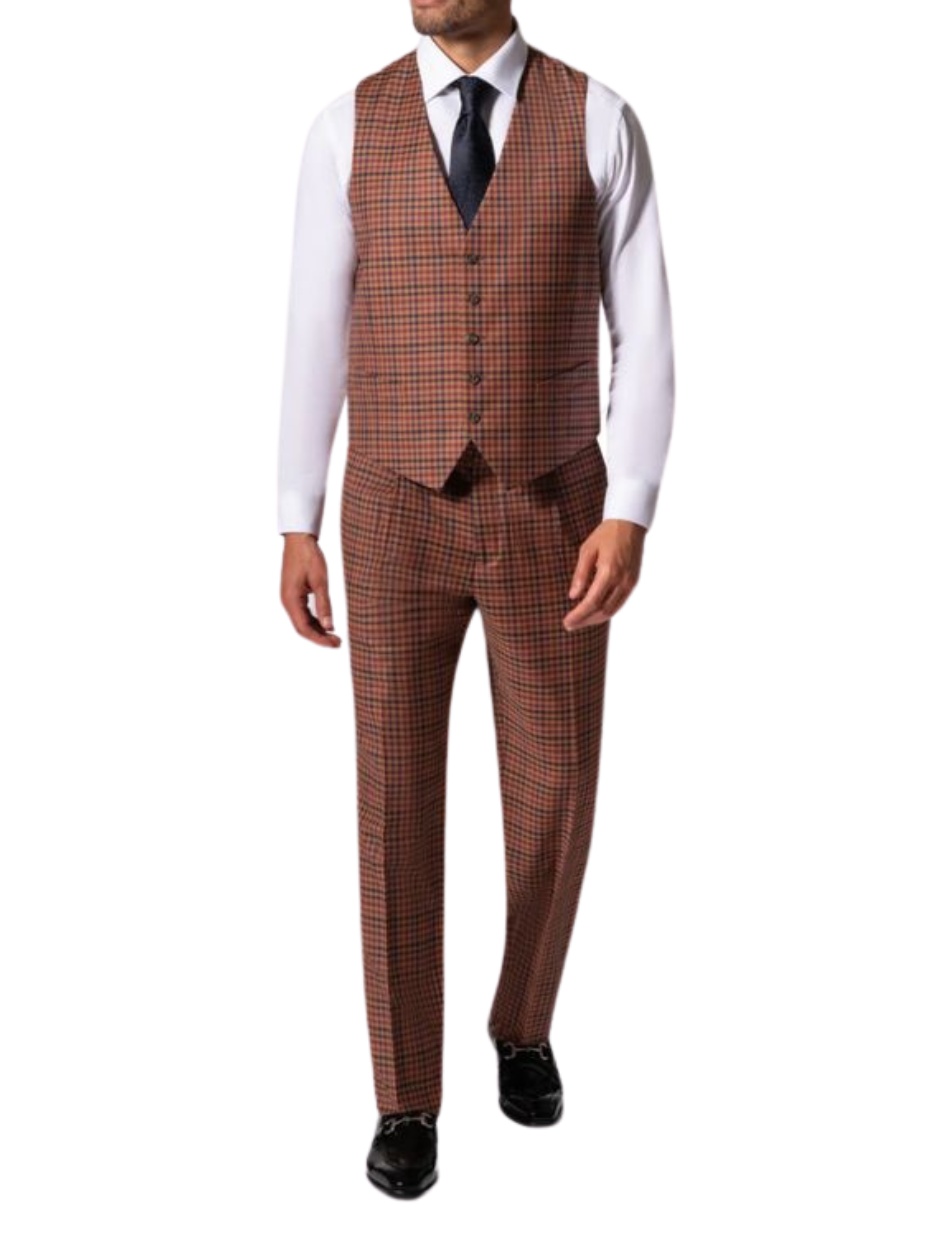 Men's Brown Plaid Modern Fit Wool 3-Piece Suit