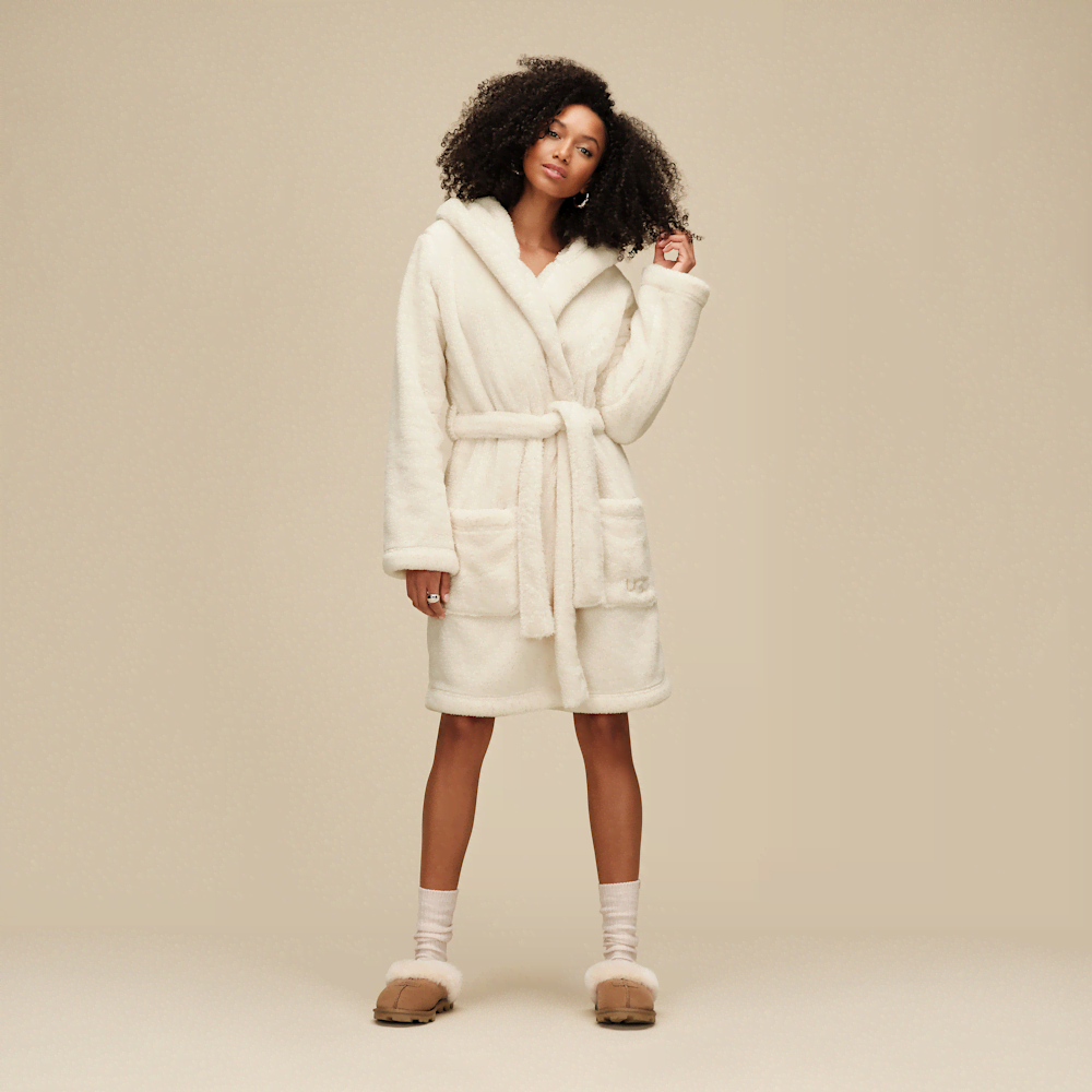 Women's Hooded Plush Fleece Robe - Cream