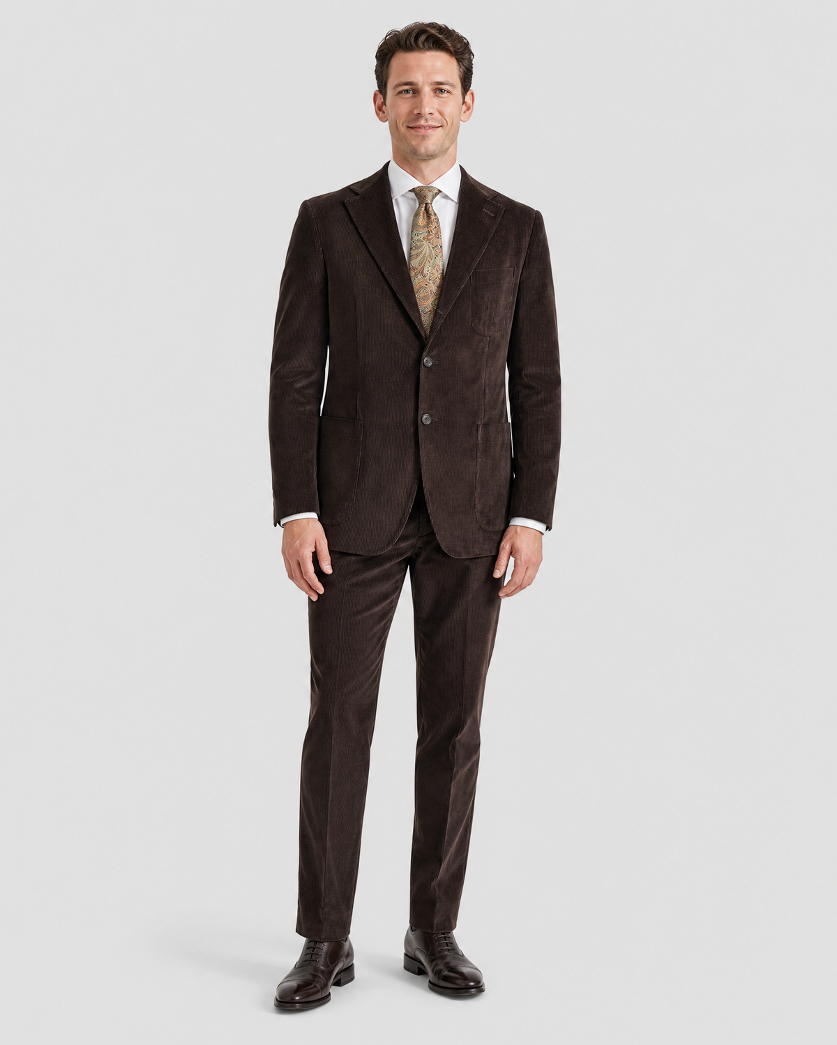 Men's Brown Corduroy Notch Lapel Slim Fit 3-Button Cotton Suit