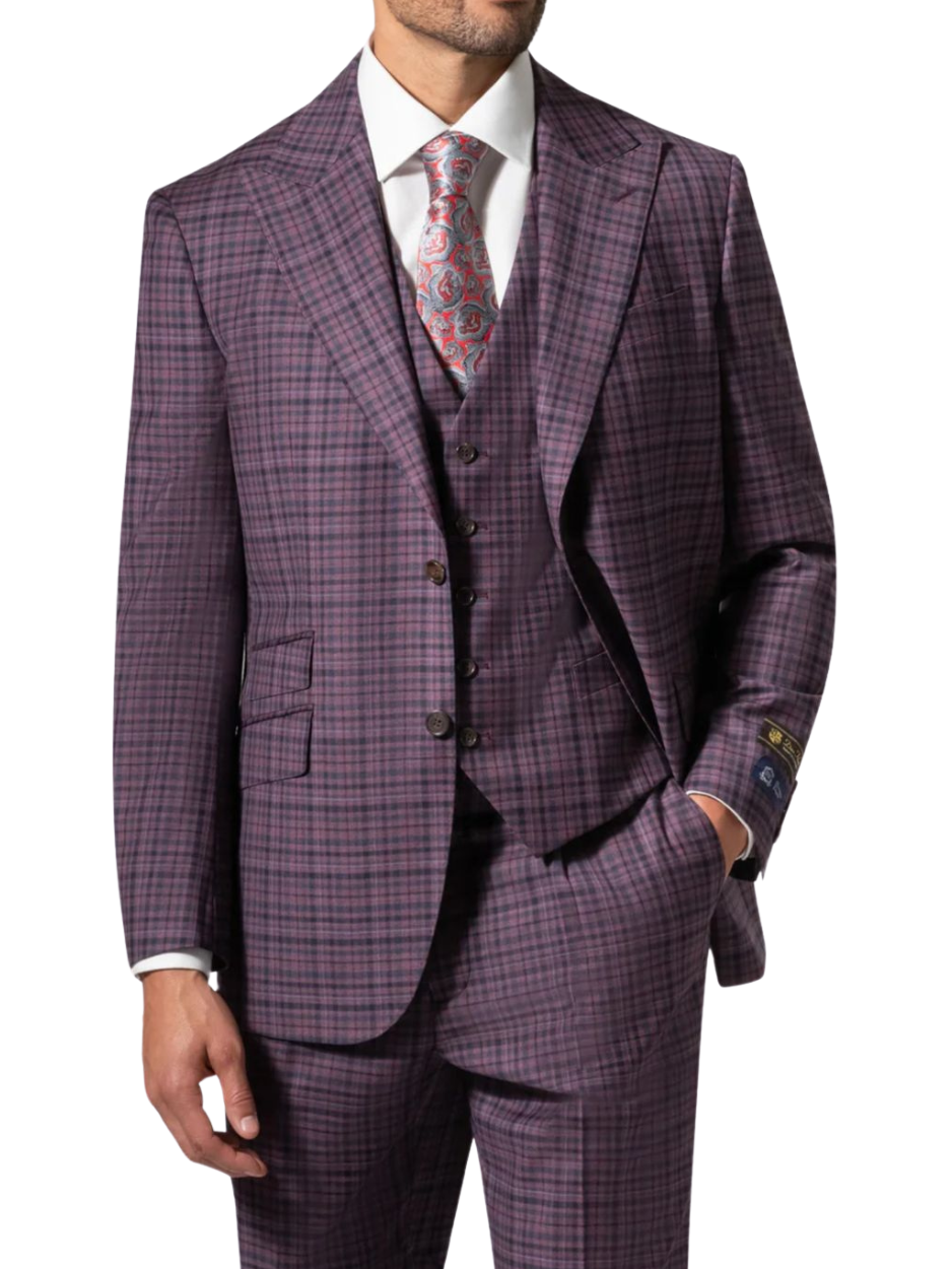 Men's Purple Plaid Modern Fit Wool 3-Piece Suit