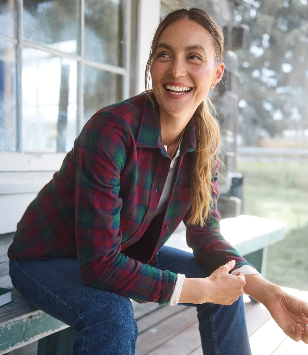 Women's Cotton Flannel Shirt - Indigo Plaid
