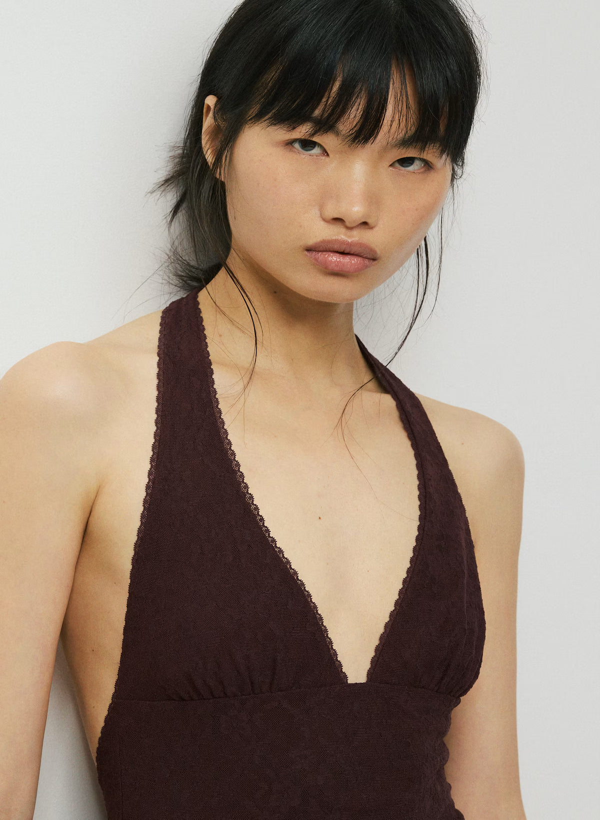 Floral Lace Halter Micro Dress - Plum
