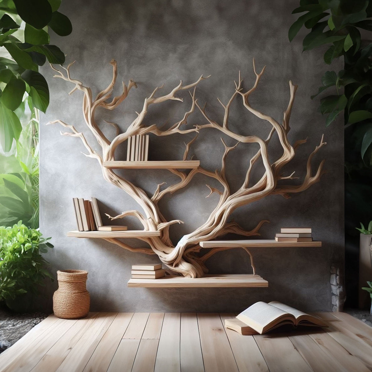 Rustic Driftwood Tree Wall Bookshelf for Home Office - view 2