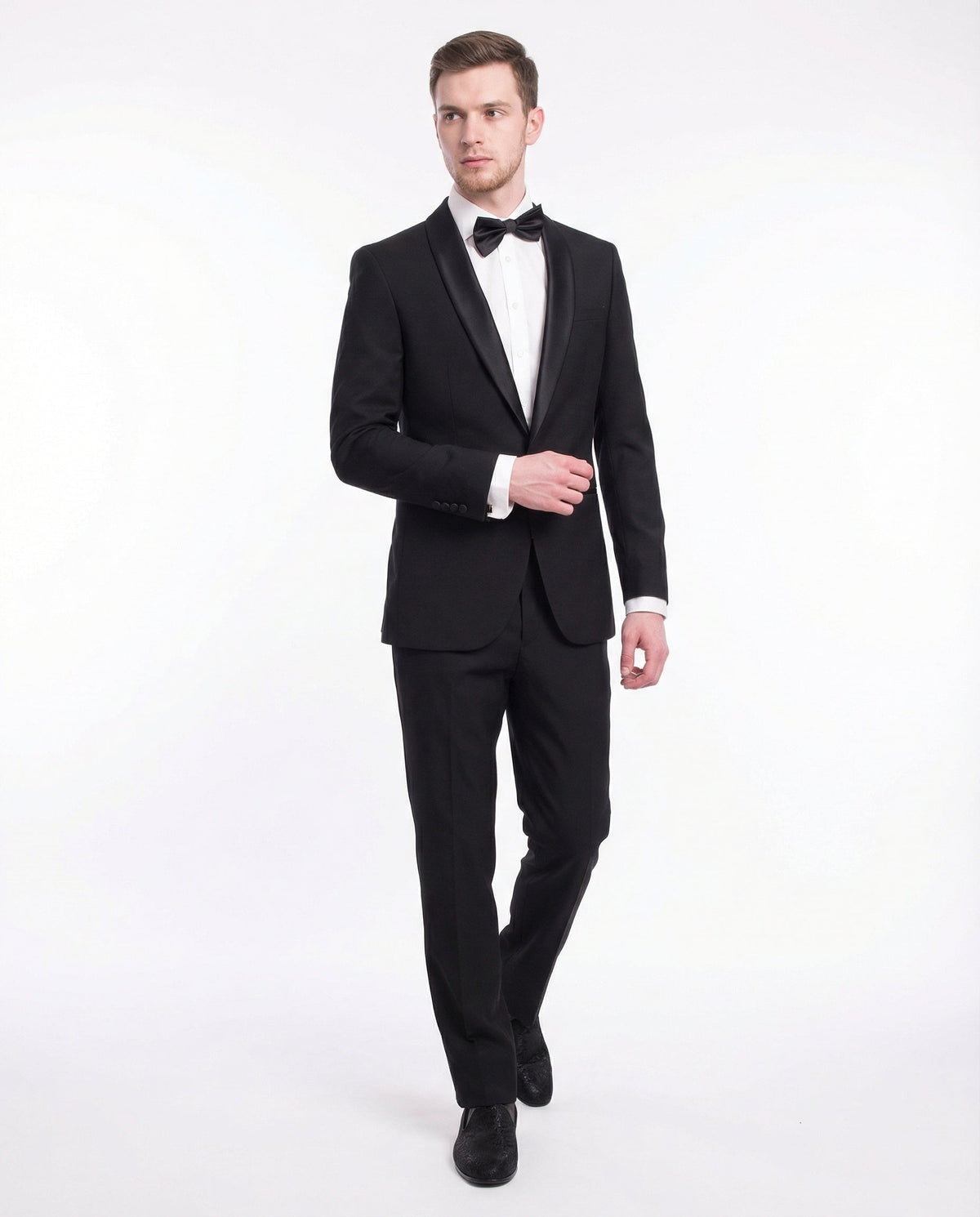 Men's Slim Fit Solid Black 1-Button Shawl Lapel Tuxedo