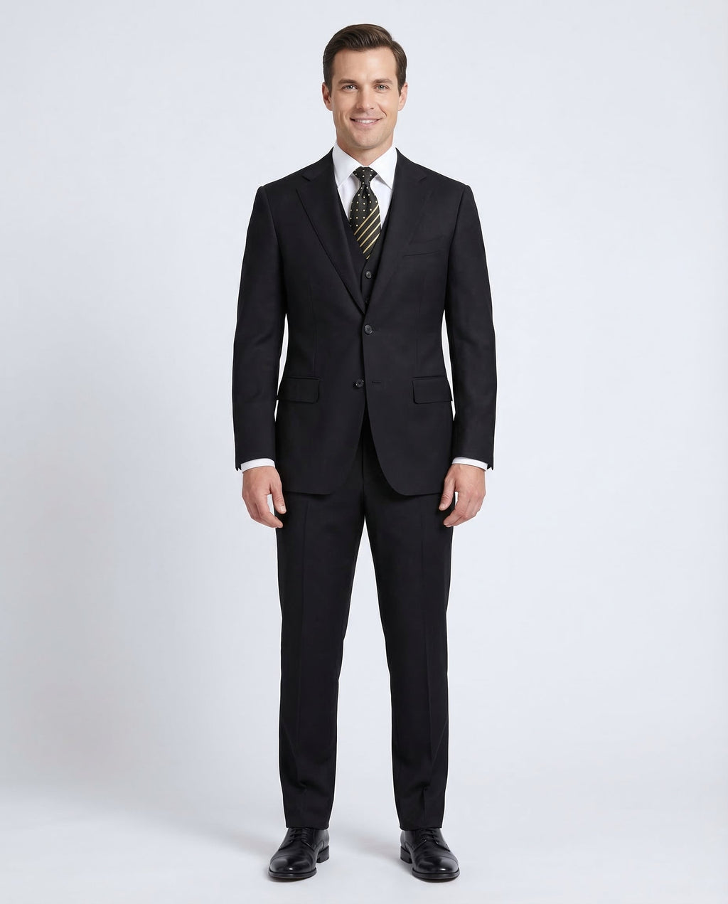 Men's Solid Black Wool Classic Fit 3-Piece Suit Peak Lapels