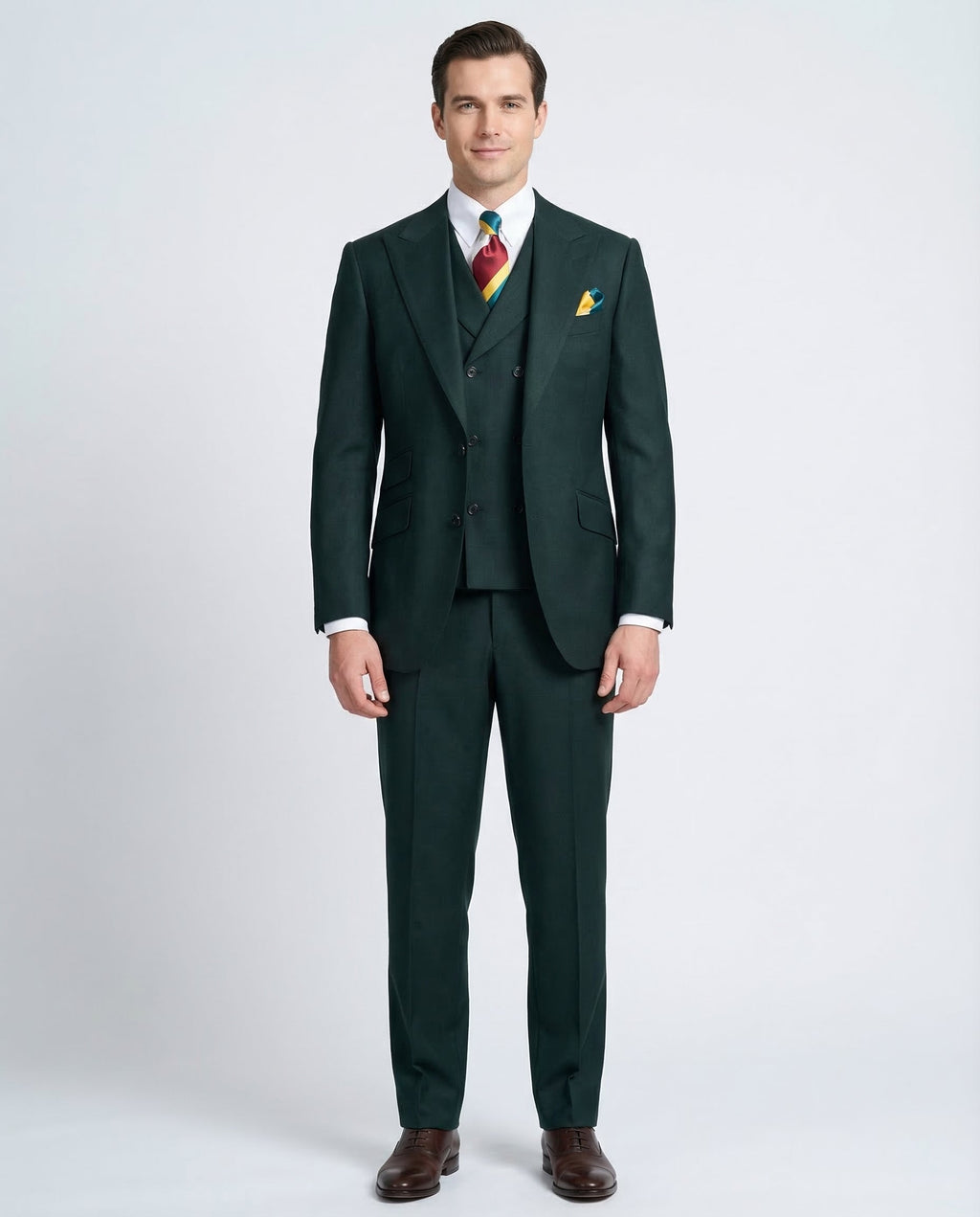 Men's Solid Green Wool Classic Fit 3-Piece Suit Peak Lapels