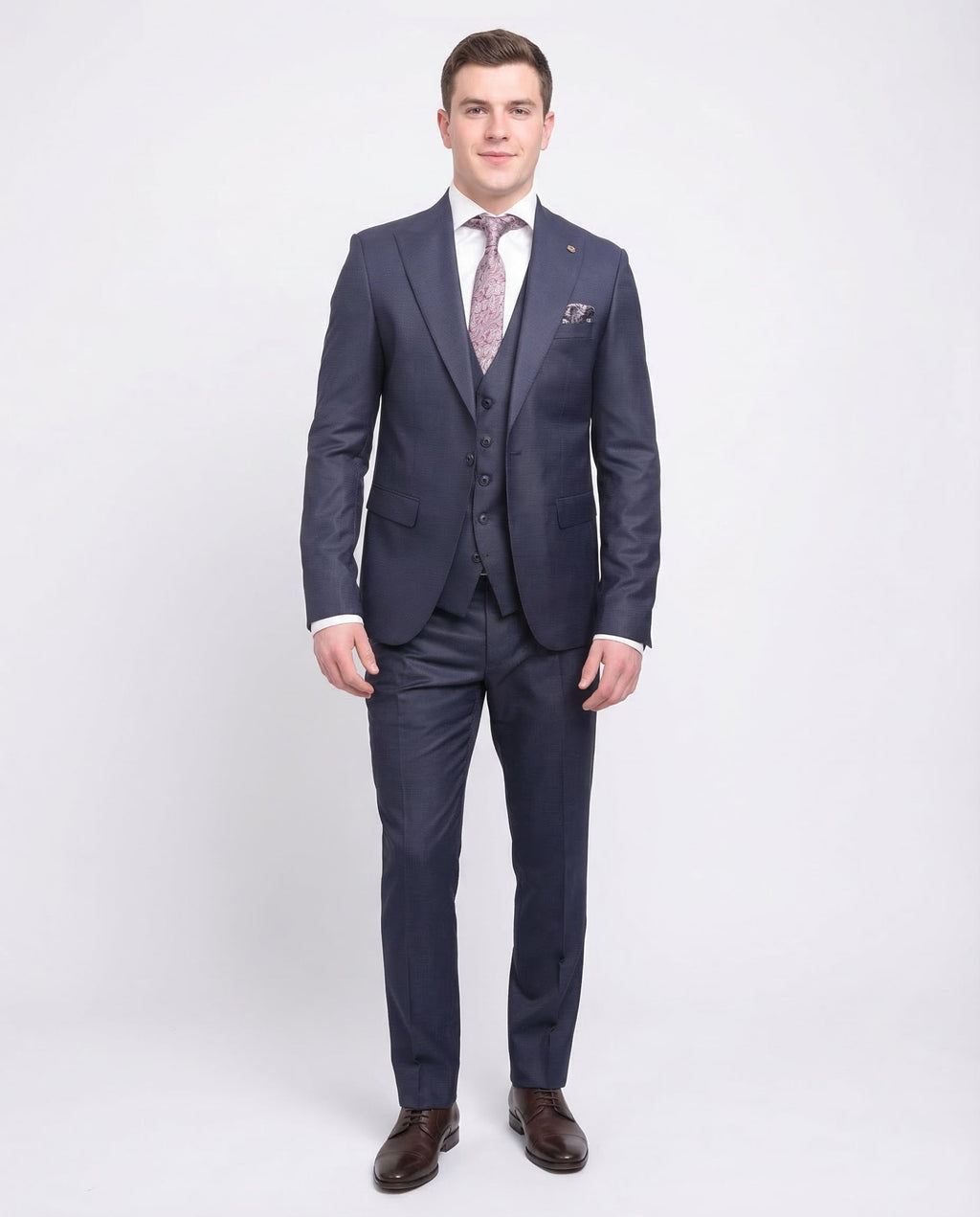 Men's Slim Fit Blue Textured Check 2-Button 3-Piece Suit Peak Lapels