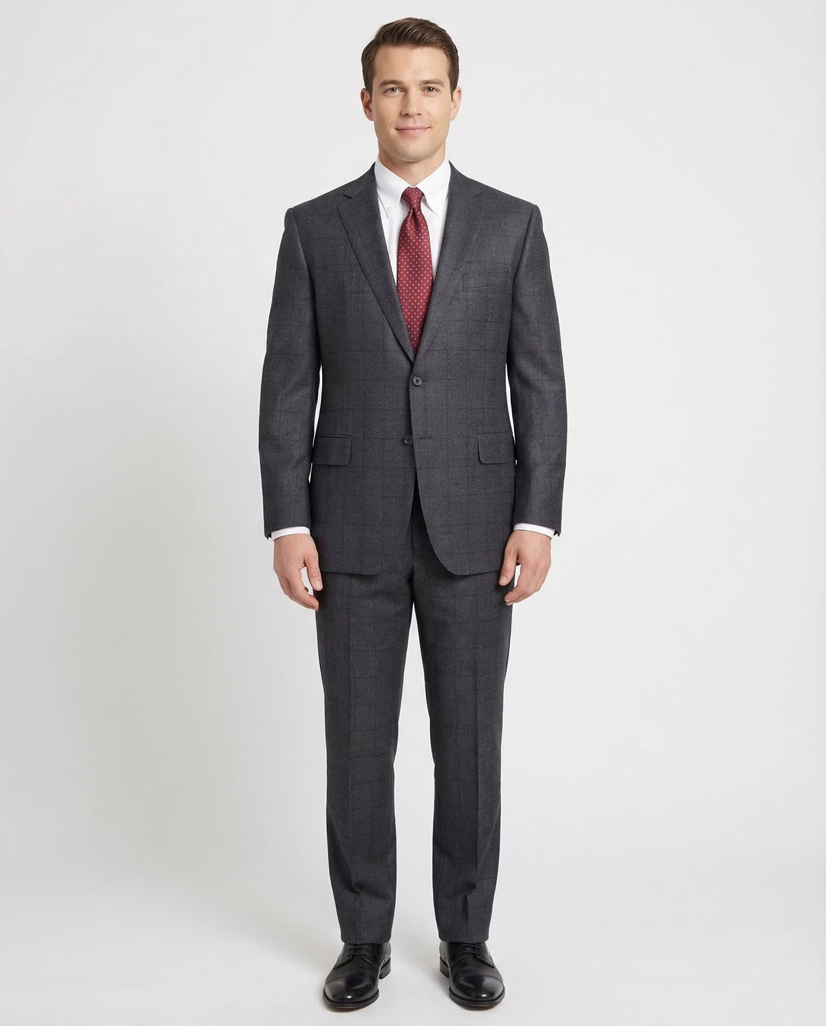 Men's Classic Fit Charcoal Gray Windowpane Half Canvassed Wool Suit