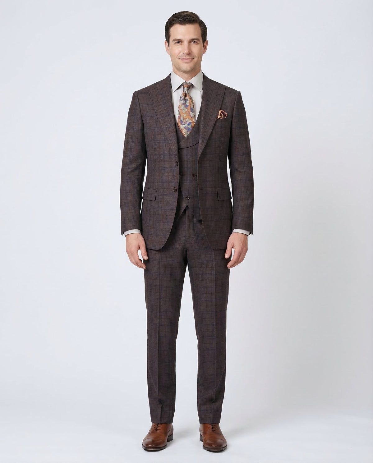 Men's Brown Plaid Regular Fit Wool 3-Piece Suit Peak Lapels