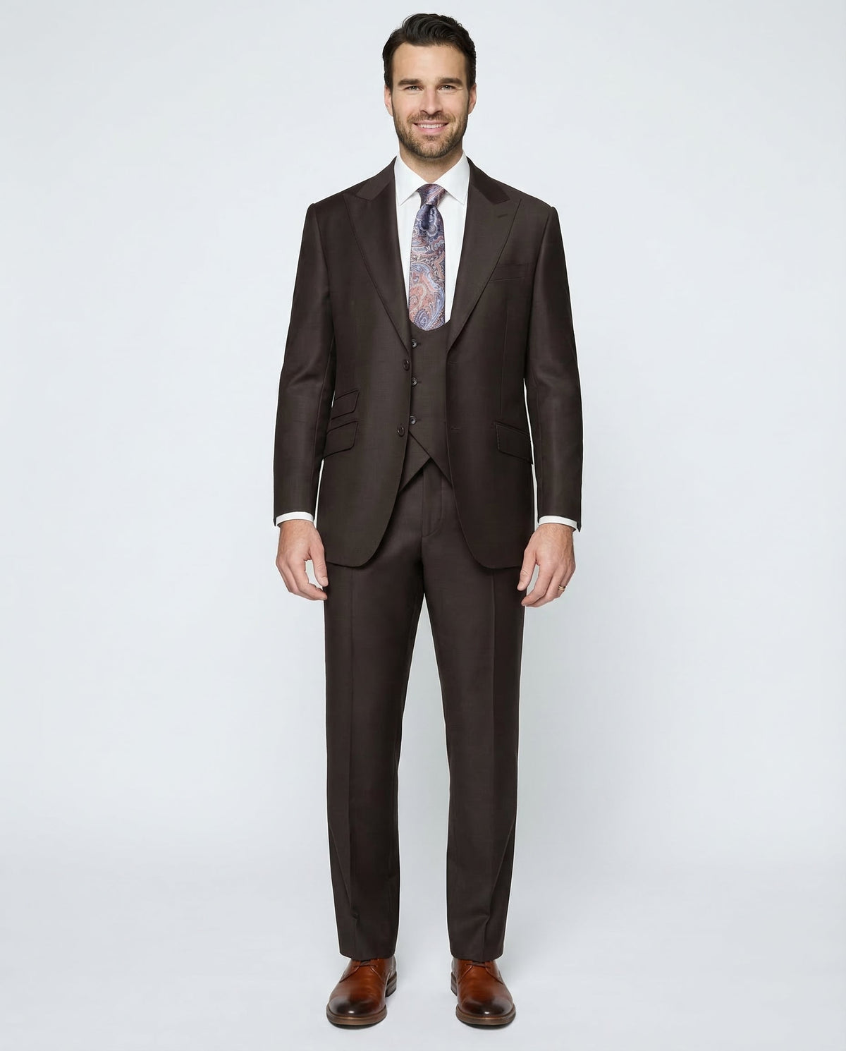 Men's Solid Brown Wool Classic Fit Vested Suit