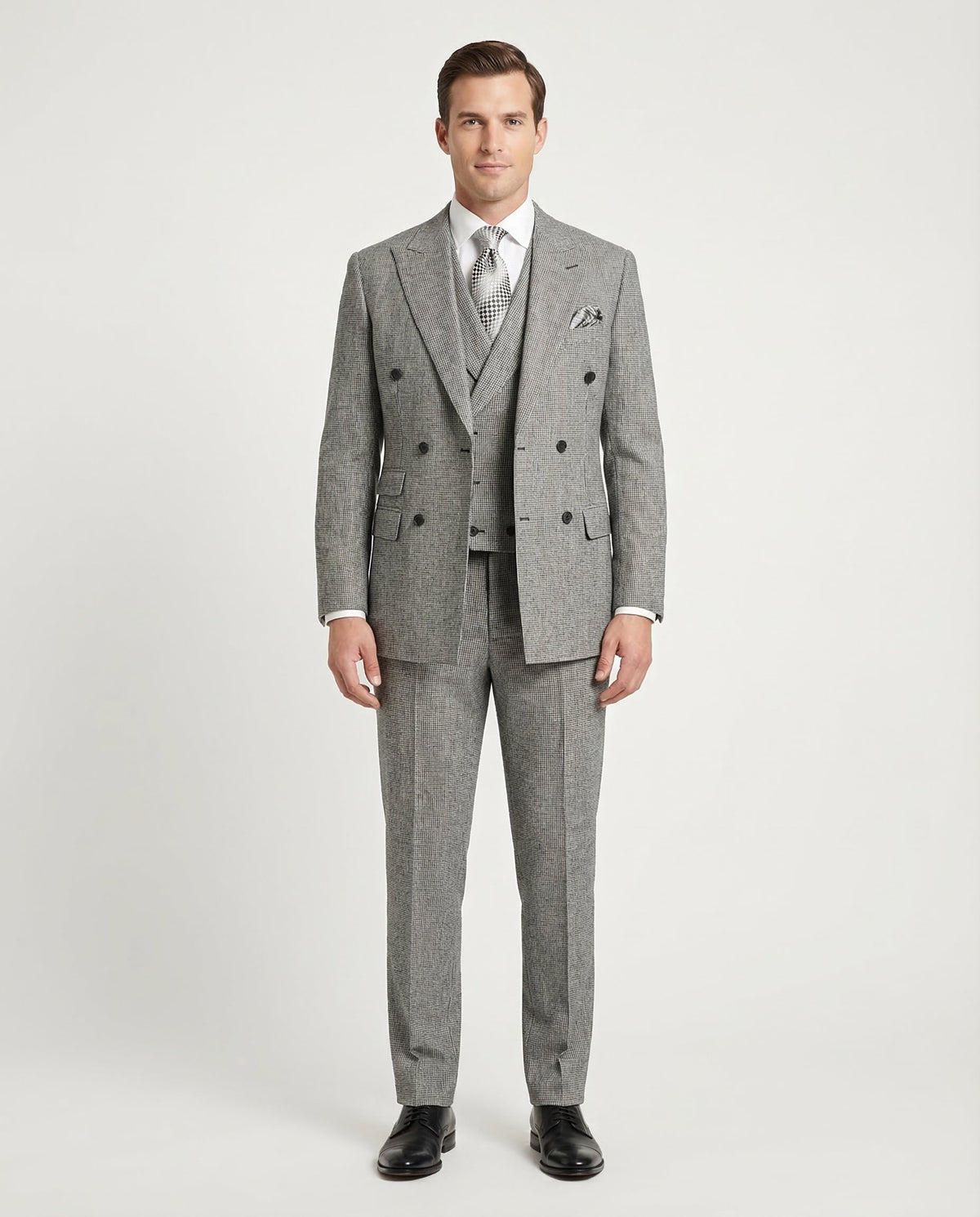 Men's Classic Fit Black Check Double Breasted Wool 3-Piece Suit