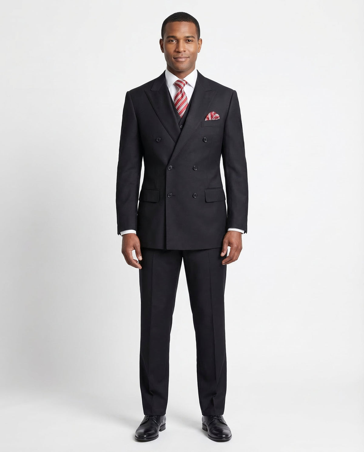 Men's Classic Fit Solid Black Double Breasted Wool 3-Piece Suit