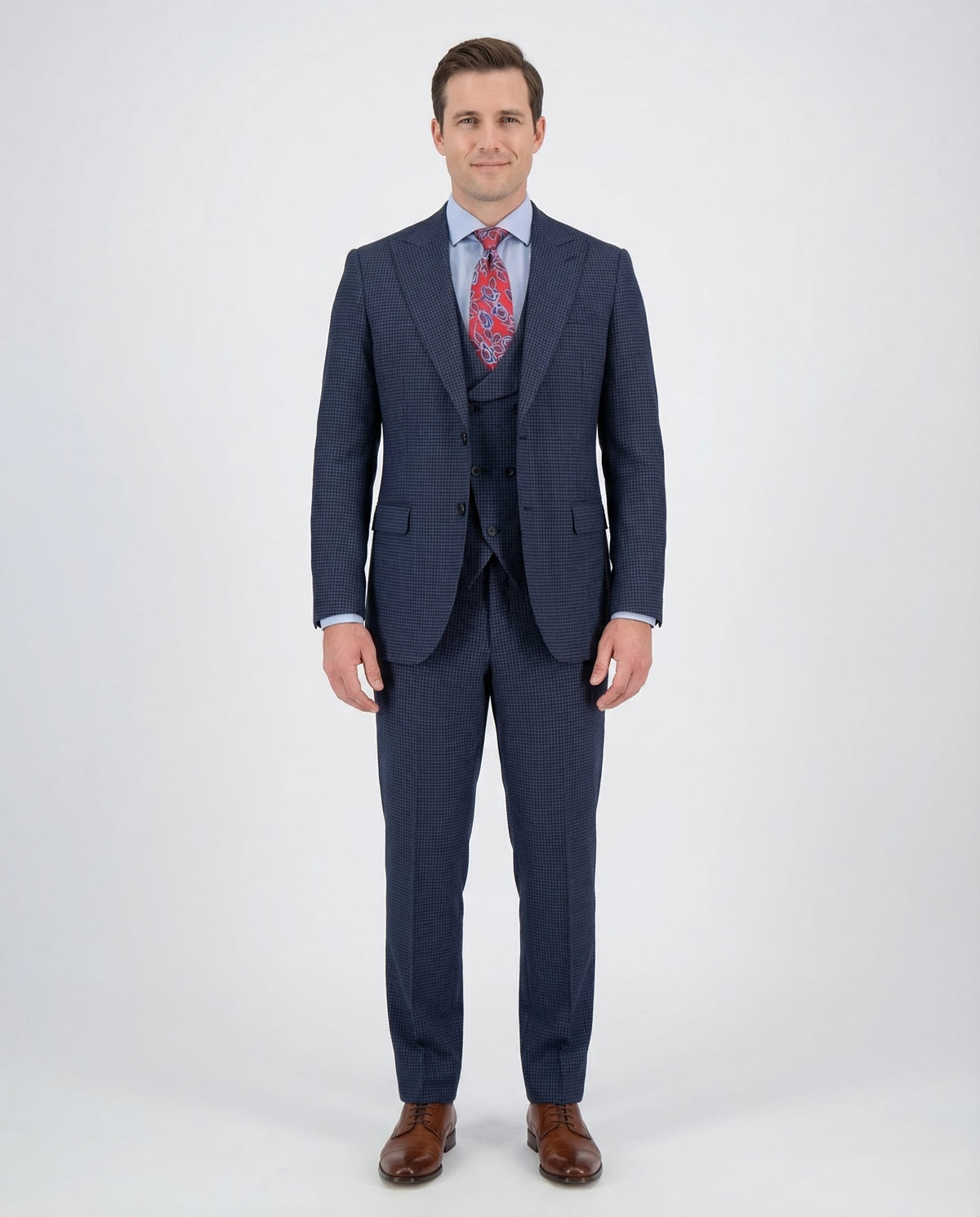 Men's Blue Check Regular Fit Wool 3-Piece Suit Peak Lapels