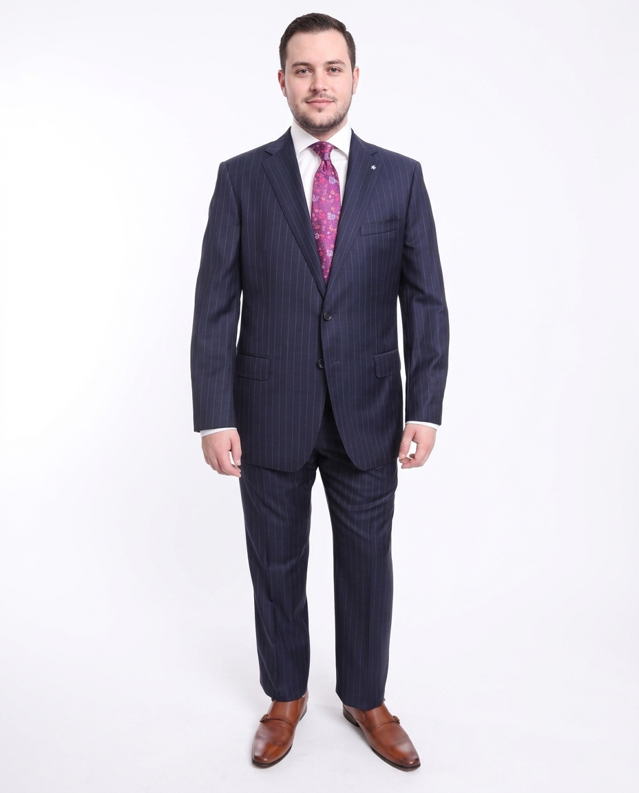Men's Classic Fit Navy Blue Pinstriped 2-Button Wool Suit