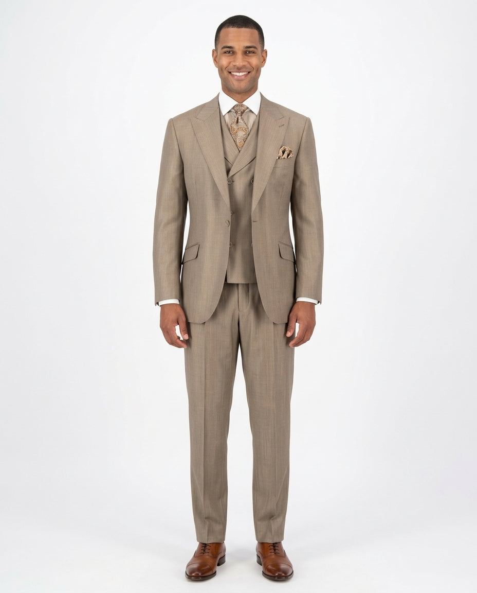 Men's Classic Fit Tan Wool 3-Piece Pleated Suit Peak Lapels