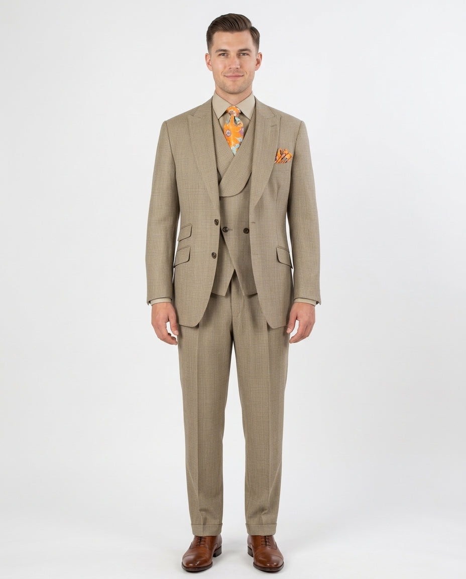 Men's Classic Fit Tan Check Wool 3-Piece Suit