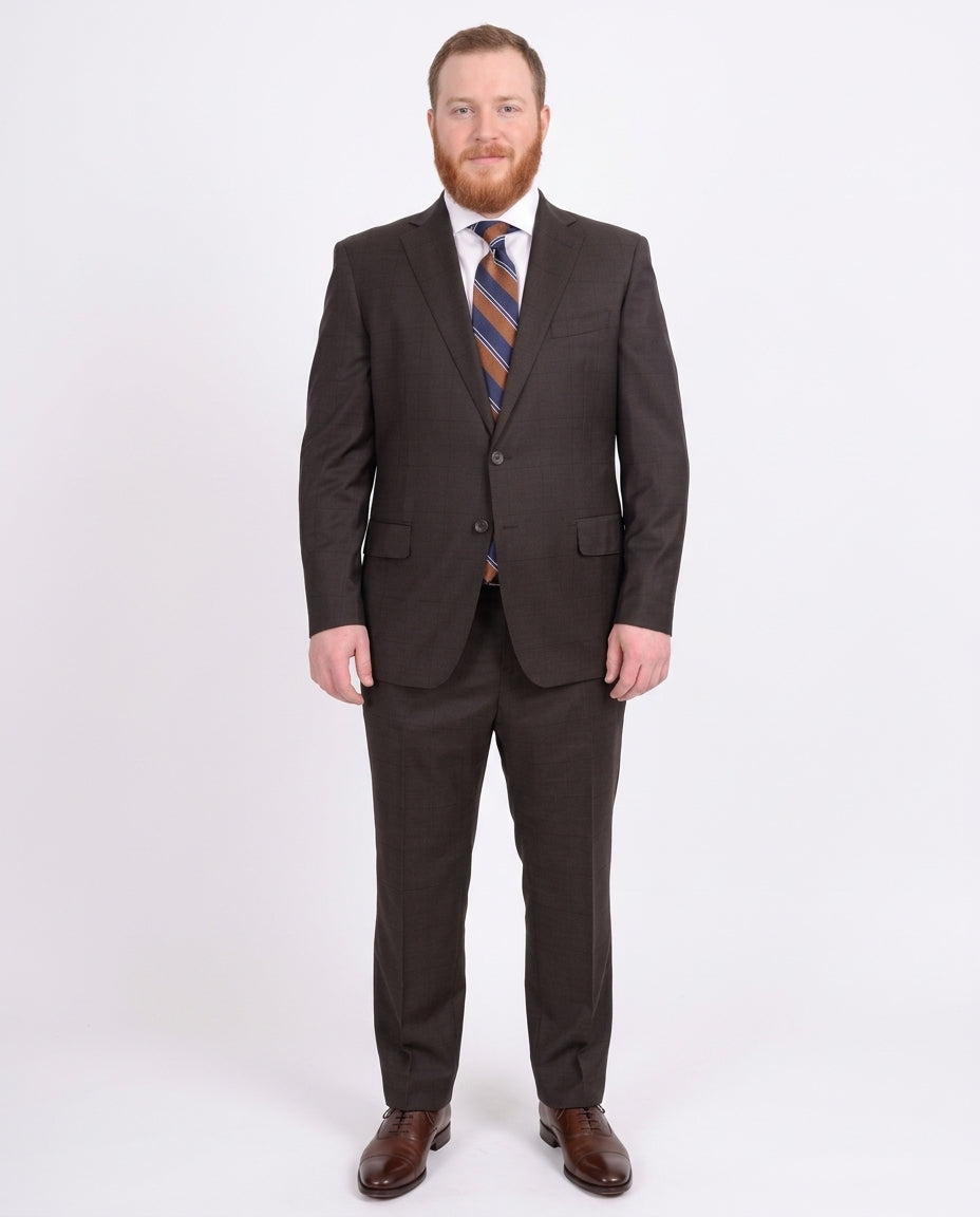 Men's Classic Fit Brown Windowpane Check Half Canvassed Wool Suit