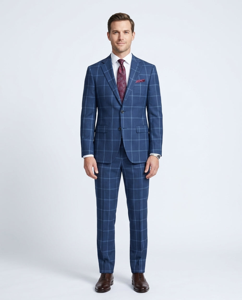 Men's Blue Check Slim Fit Wool Prehemmed Suit