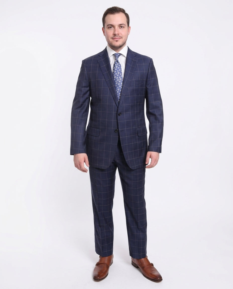 Men's Classic Fit Blue Plaid 2-Button Half Canvassed Wool Suit