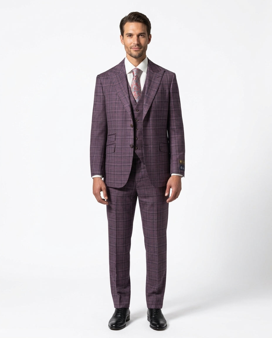 Men's Purple Plaid Modern Fit Wool 3-Piece Suit