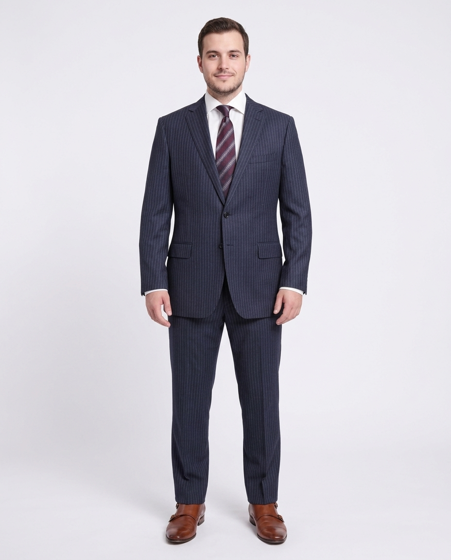 Men's Classic Fit Navy Blue Chalkstripe 2-Button Wool Suit