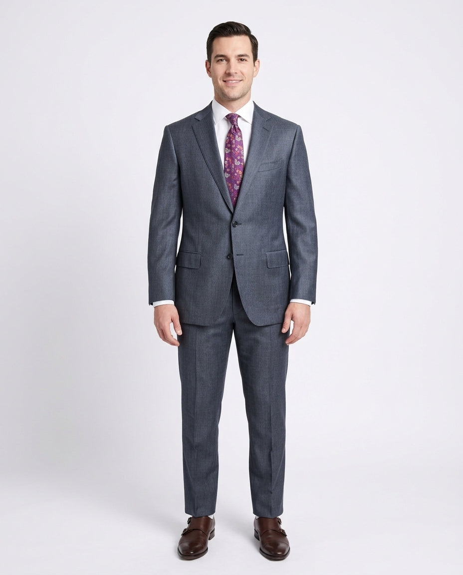 Men's Classic Fit Blue Textured 2-Button Wool 2-Button Suit