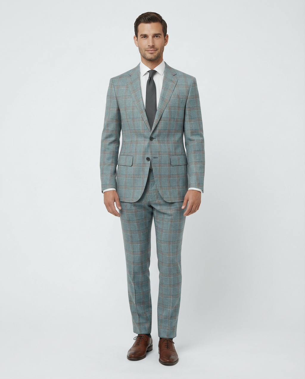 Men's Light Blue Tan Windowpane Slim Fit 2-Button Wool Suit