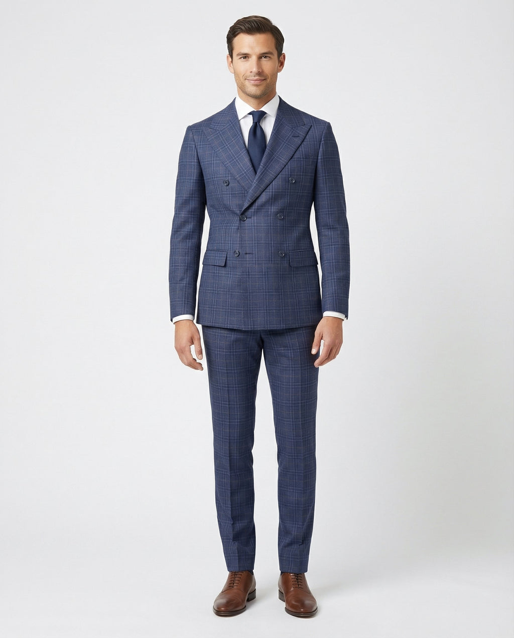 Men's Navy Black Windowpane Slim Fit Double Breasted Wool Suit