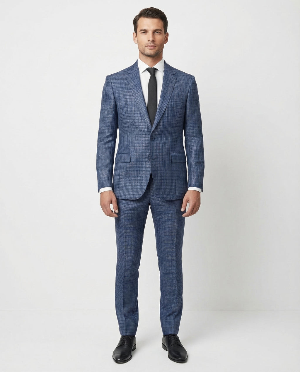 Men's Blue Brown Check Slim Fit Wool 2-Button Suit
