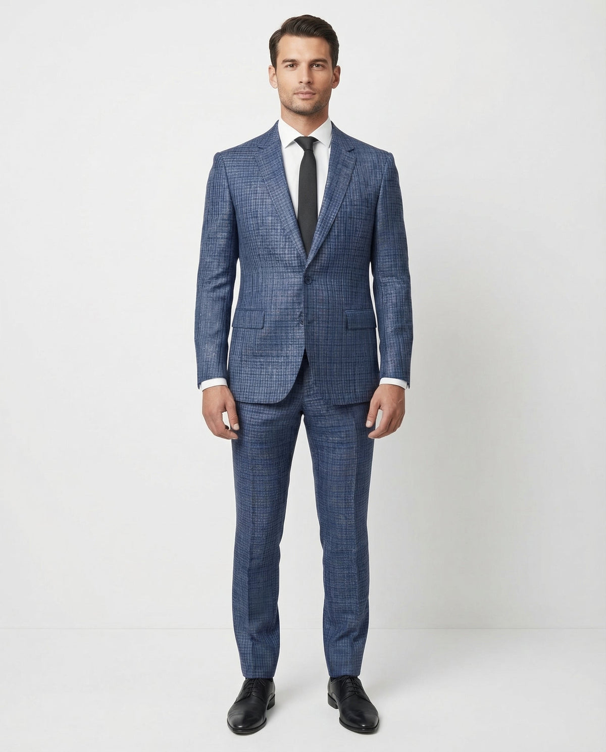 Men's Blue Brown Check Slim Fit Wool 2-Button Suit